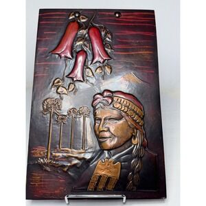 Vintage Chilean Art Copper Wall Plaque Indigenous Woman Mapuche Andes 1977